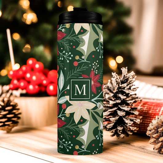 Poinsettia Botanical Floral-kerstmonogram Thermosbeker