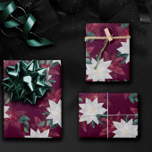 Poinsettia Burgundy en Blauwgroen Winter Holiday F Inpakpapier Vel