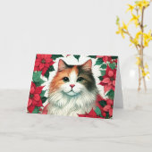 Poinsettia Calico Cat Christmas Kaart (Gele Bloem)