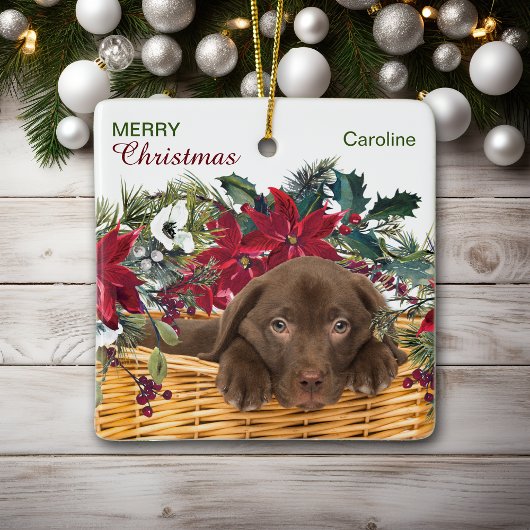 Poinsettia Chocolate Labrador kerstmandje Keramisch Ornament