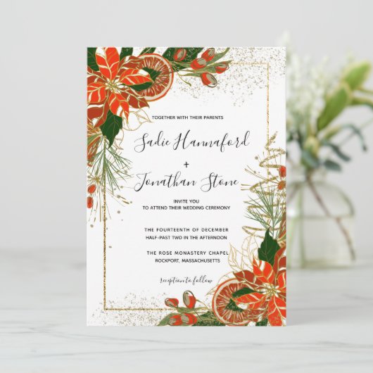 Poinsettia Citrus moderne Invitation de mariage hi (Debout devant)