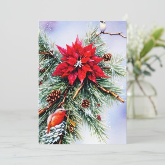 Poinsettia en dennenbudget Kerstmis Feestdagenkaart (Staand voorkant)