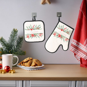 Poinsettia en groenblijvende Kerstmis Ovenwant & Pannenlap Set