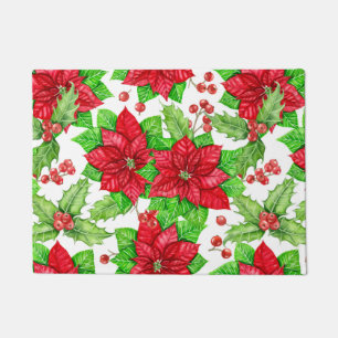 Poinsettia en holbessen waterverf kerst deurmat