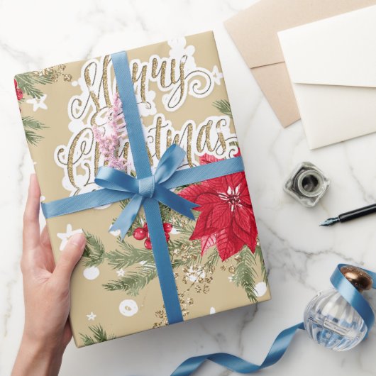 Poinsettia en Holly Berries Kerstmis Cadeaupapier (Geschenken)