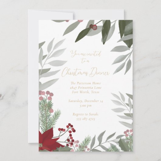 Poinsettia et verdure Invitation de Noël (Devant)