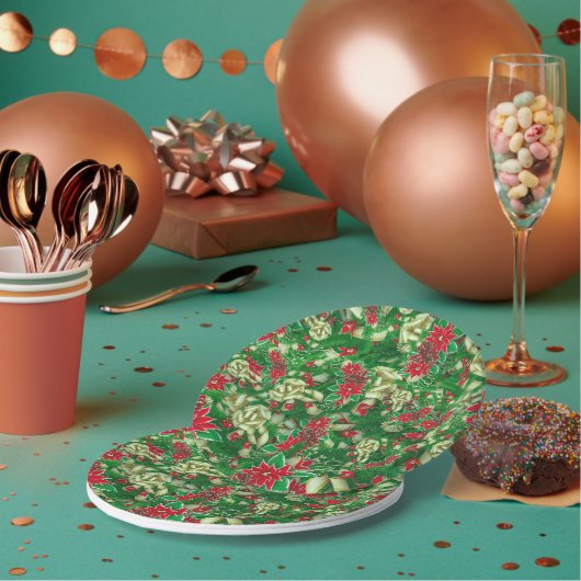 Poinsettia Fir Leaves Ribbons Floral Kerstmis | Papieren Bordje (Multi)