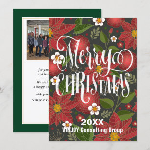 Poinsettia Floral Elegant Script Photo Business Feestdagenkaart