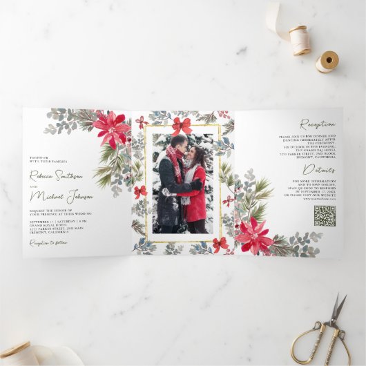 Poinsettia Floral Foto QR Code kerstbruiloft Drieluik Uitnodiging (Binnen)