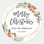 Poinsettia Floral Geometric Merry Kerstscript Ronde Sticker (Voorkant)