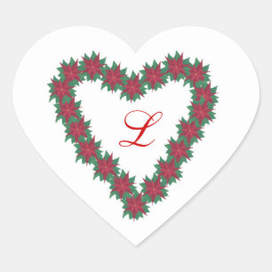 Poinsettia Flowers Heart Shaped Monogram Stickers