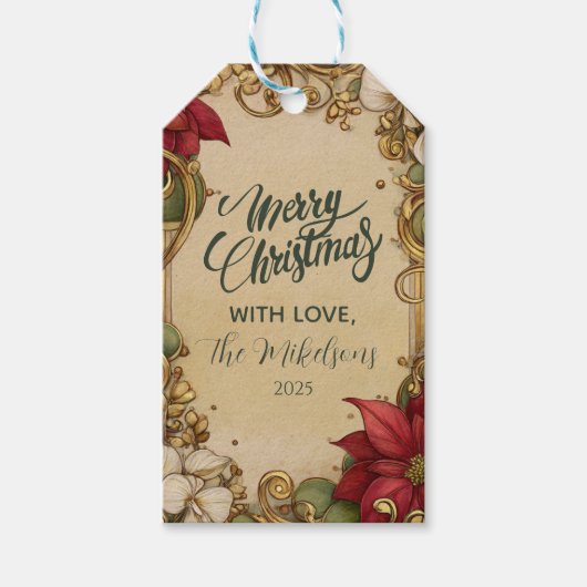  Poinsettia Gold Scroll Christmas Cadeaulabel (Voorkant)