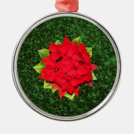 Poinsettia Green Glitter Background Metalen Ornament