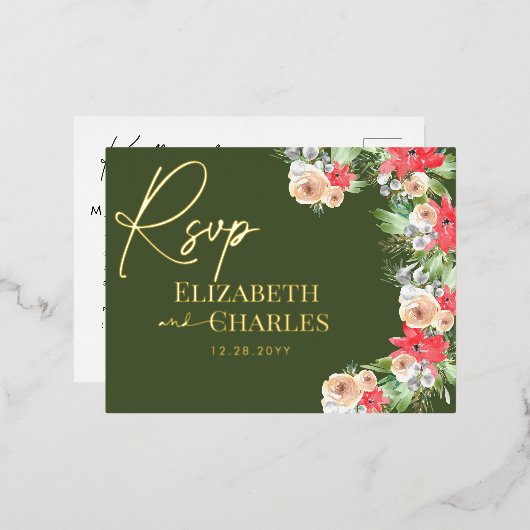 Poinsettia Groen Kerstvakantie RSVP Folie Uitnodiging Briefkaart (Voorkant / Achterkant)