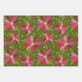 Poinsettia groene cadeau wrap 3 pack inpakpapier vel