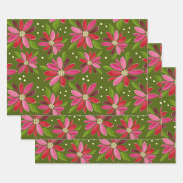 Poinsettia groene cadeau wrap 3 pack inpakpapier vel