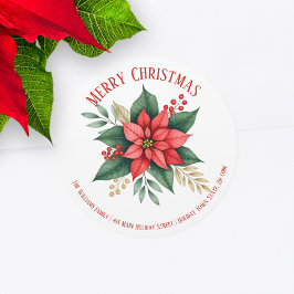 Poinsettia Groene Rode Bessen Kerst Adres Ronde Sticker