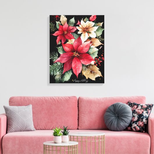 Poinsettia Holly Berry Rood Witte Bloem Kerstmis Canvas Afdruk (Insitu (Woonkamer))