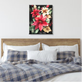 Poinsettia Holly Berry Rood Witte Bloem Kerstmis Canvas Afdruk (Insitu (Slaapkamer))