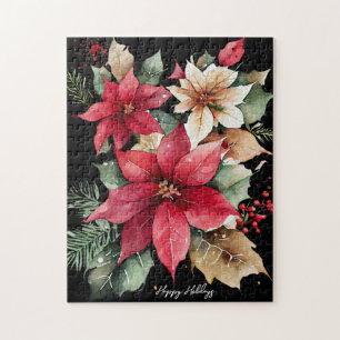 Poinsettia Holly Berry Rood Witte Bloem Kerstmis Legpuzzel