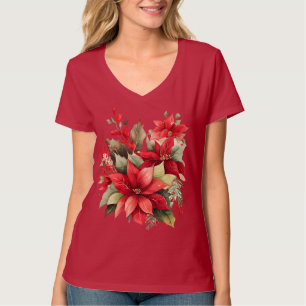 Poinsettia Holly Berry Rood Witte Bloem Kerstmis T-shirt