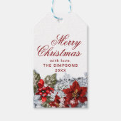 Poinsettia & Holly Berry Rustic Kerstfeestdag Cadeaulabel (Voorkant)