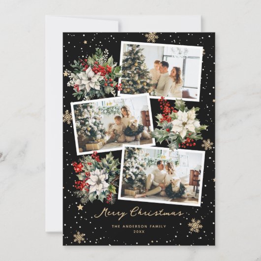 Poinsettia Holly Black Photo Joyeuse Carte de Noël (Devant)