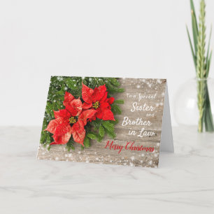 Poinsettia, houten kerst zuster en broer in de wet feestdagen kaart