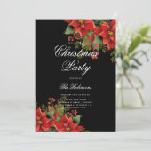 Poinsettia Kerst Uitnodigen Programma & Menu Zwart (Staand voorkant)