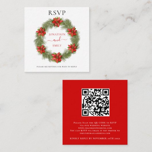 Poinsettia kerstbruiloft QR-code RSVP Informatiekaartje (Voorkant / Achterkant)
