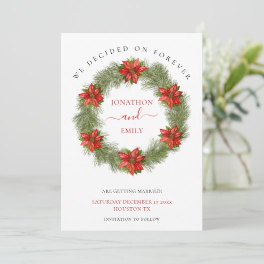 Poinsettia kerstbruiloft redt de datum save the date (Staand voorkant)