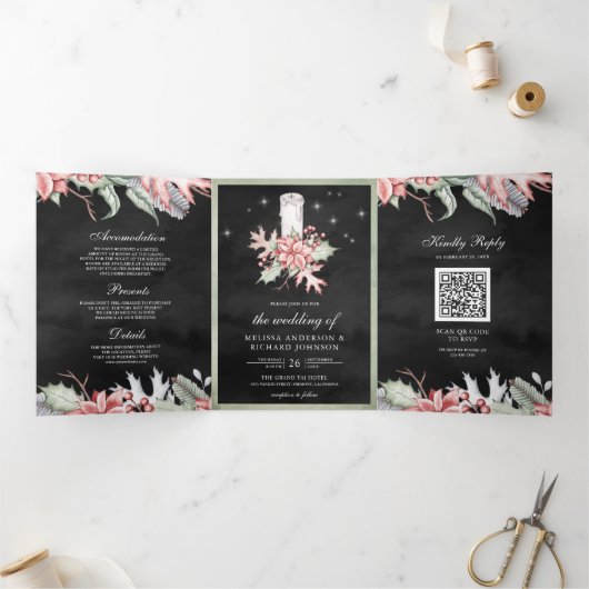 Poinsettia kerstkaarscode QR Code Black Weddenscha Drieluik Uitnodiging (Binnen)