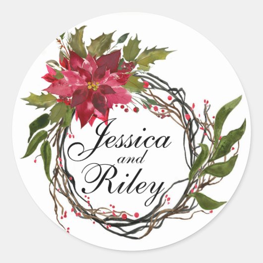 Poinsettia krans bladeren & bessen monogram ronde sticker (Voorkant)