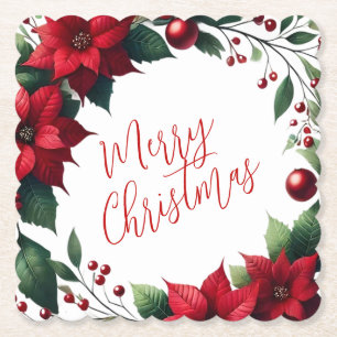 Poinsettia Krans – Elegante Kerstbloemen Kartonnen Onderzetters