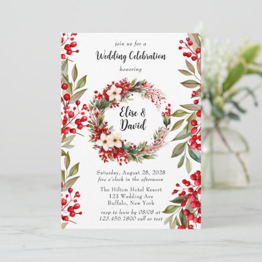 Poinsettia krans kerst bruiloft viering kaart (Staand voorkant)