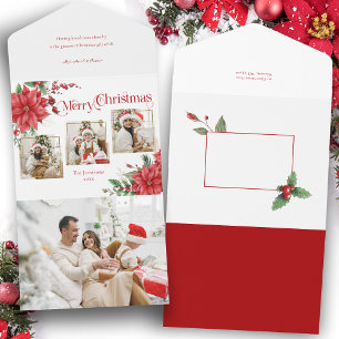 Poinsettia & Merry-kersttypografie 3-Foto All In One Uitnodiging