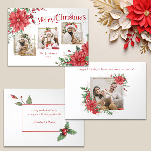 Poinsettia & Merry-kersttypografie 3-Foto Drieluik Wenskaart