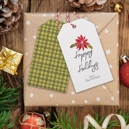 Poinsettia Minimal Green Gingham Vrolijk kerstfees Cadeaulabel