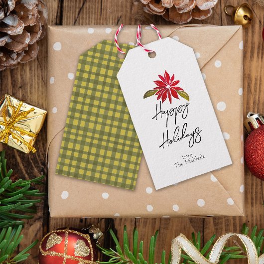 Poinsettia Minimal Green Gingham Vrolijk kerstfees Cadeaulabel
