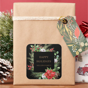 Poinsettia Monogram met Rode Bessen Vierkante Sticker
