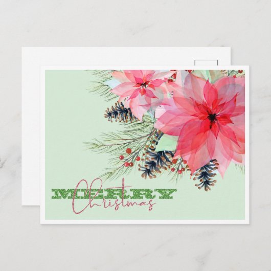 Poinsettia Parties scintillant de Noël Carte posta (Devant / Derrière)