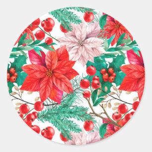 Poinsettia, Pine Boughs en Red Berries Ronde Sticker