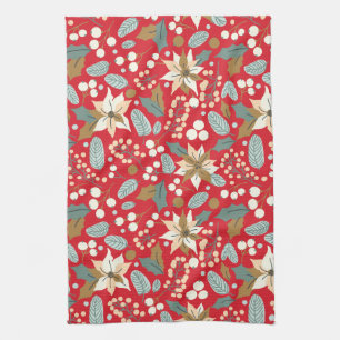 Poinsettia red background wintervakantie theedoek