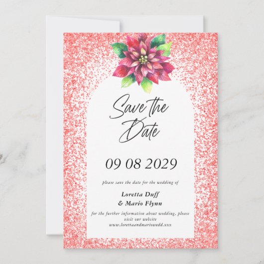 Poinsettia Red Glitter Save the date Invitation (Devant)