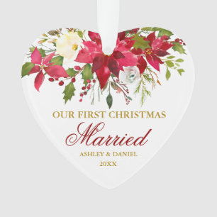 Poinsettia Red Gold First Kerstgehuwd hart Ornament