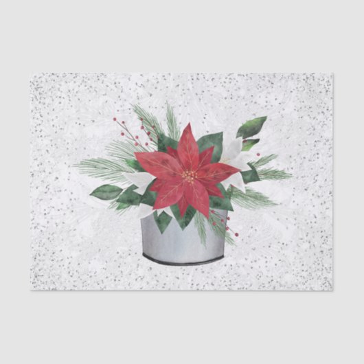 Poinsettia Red Silver Confetti Kerstmis Tissuepapier (Voorkant)