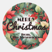 Poinsettia Rode bessen en Holly bladeren Kerstmis Ronde Sticker (Voorkant)