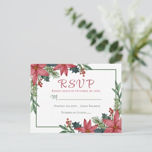 Poinsettia Rode Winter Bruiloft Kerstmis RSVP Briefkaart (Staand voorkant)