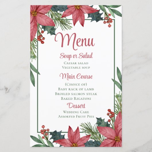 Poinsettia Rood Bloemen Kerstmis Bruiloft Menu (Voorkant)