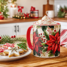 Poinsettia rouge festif avec mug de Noël en or